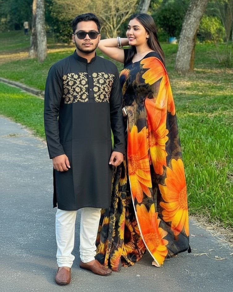 কাপল ড্রেস কালেকশন চান্দুরি সিল্ক শাড়ি ও ধুপিয়ান পাঞ্জাবি